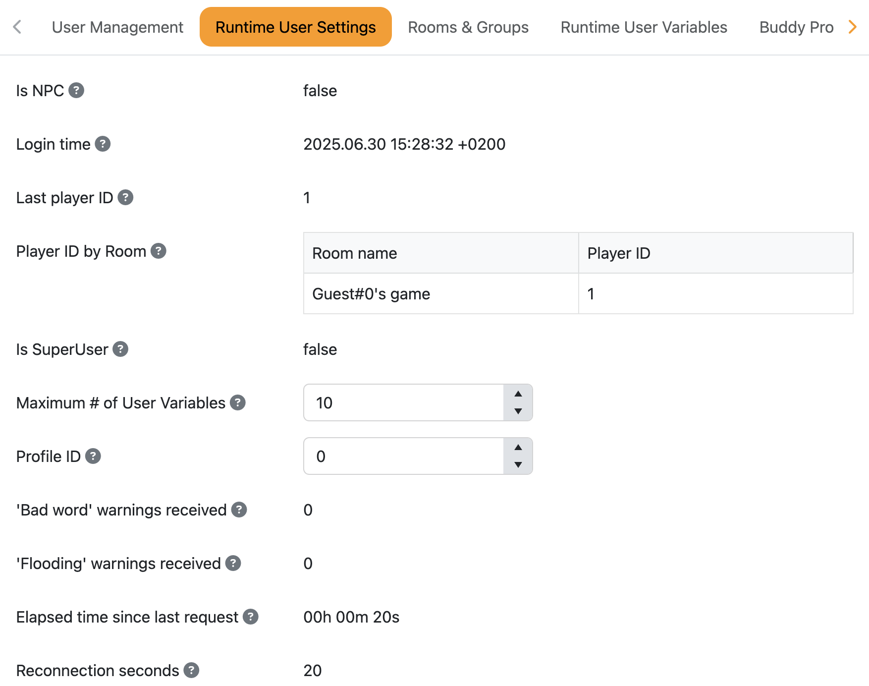 Runtime User settings