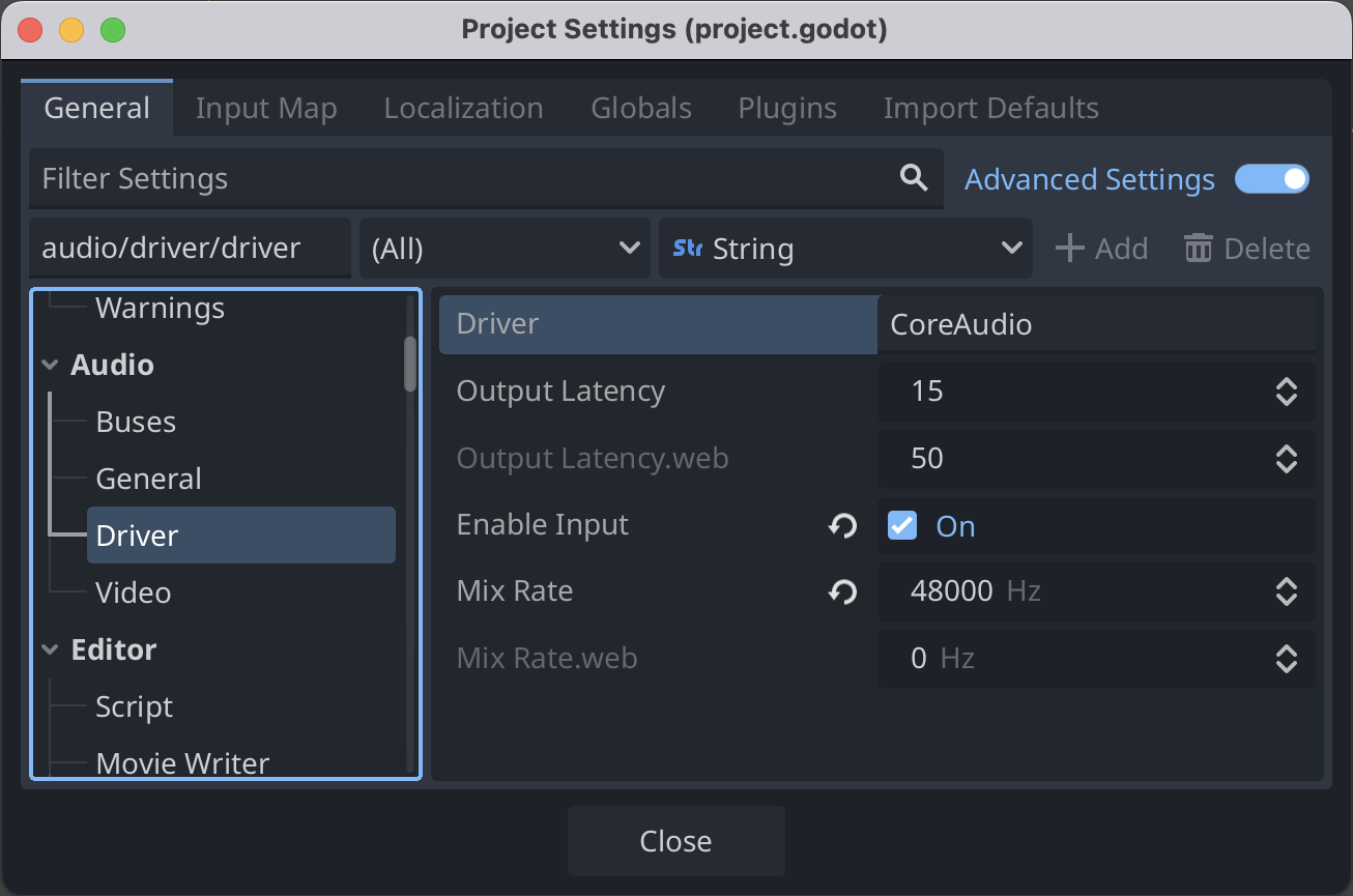 Godot project settings