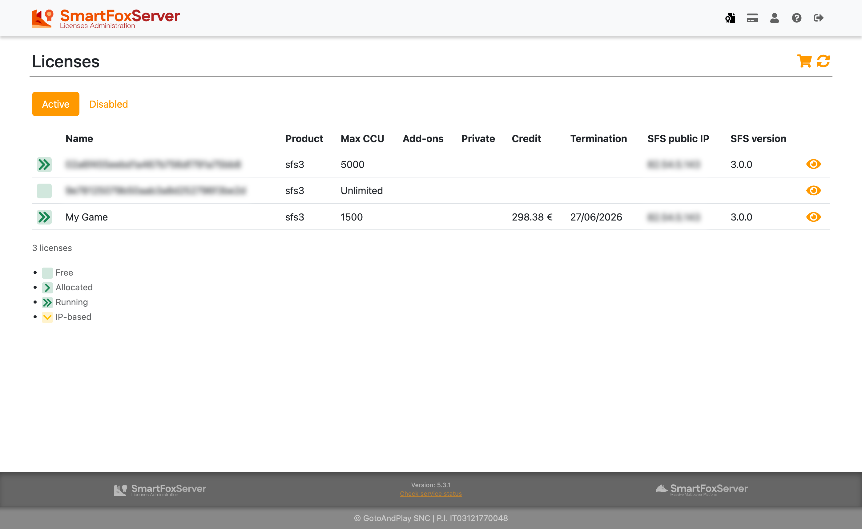 Licenses Administration dashboard